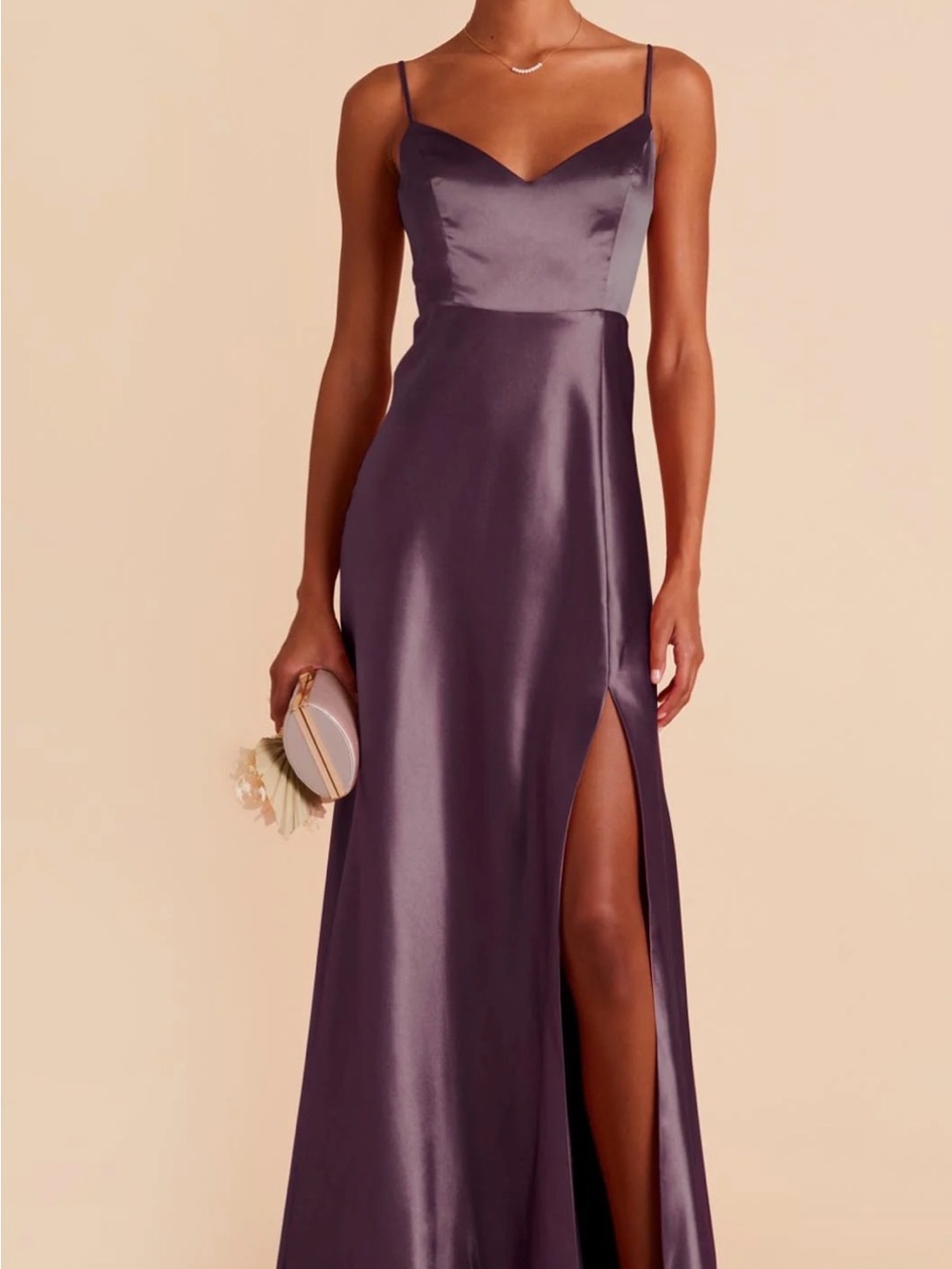 Birdy Grey Plum Jay Dress Bridesmaid Shiny Satin High Slit Medium